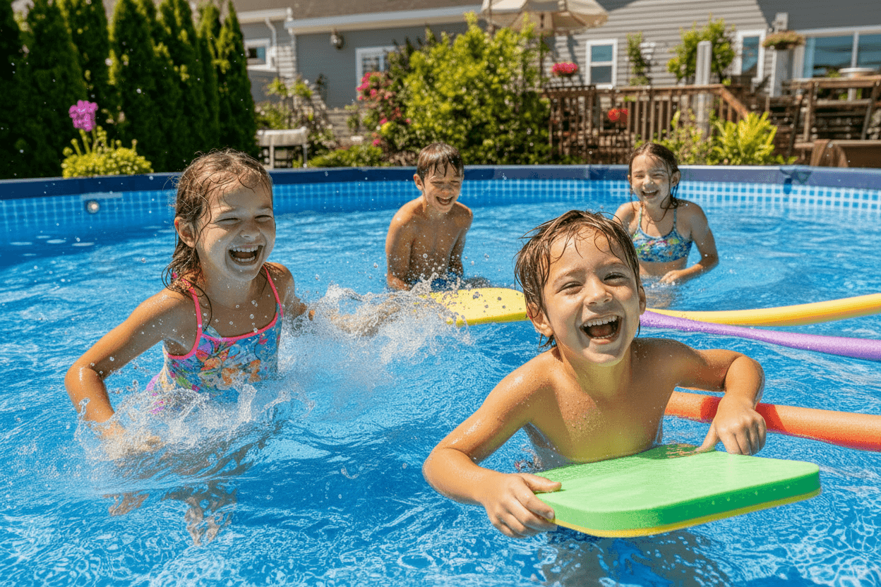 Kids having fun with a kickboard and foam noodle in an above-ground pool