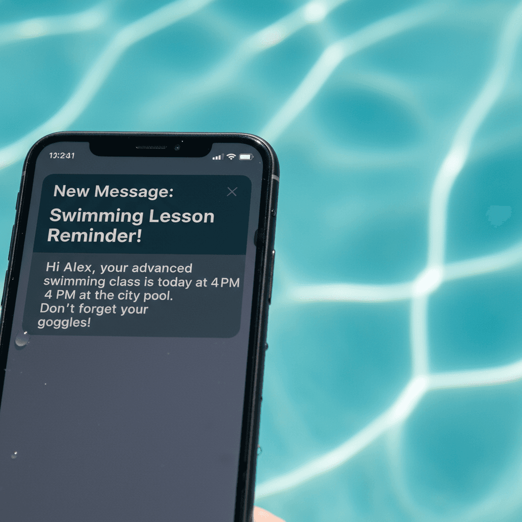 Smartphone with a lesson reminder message near pool water
