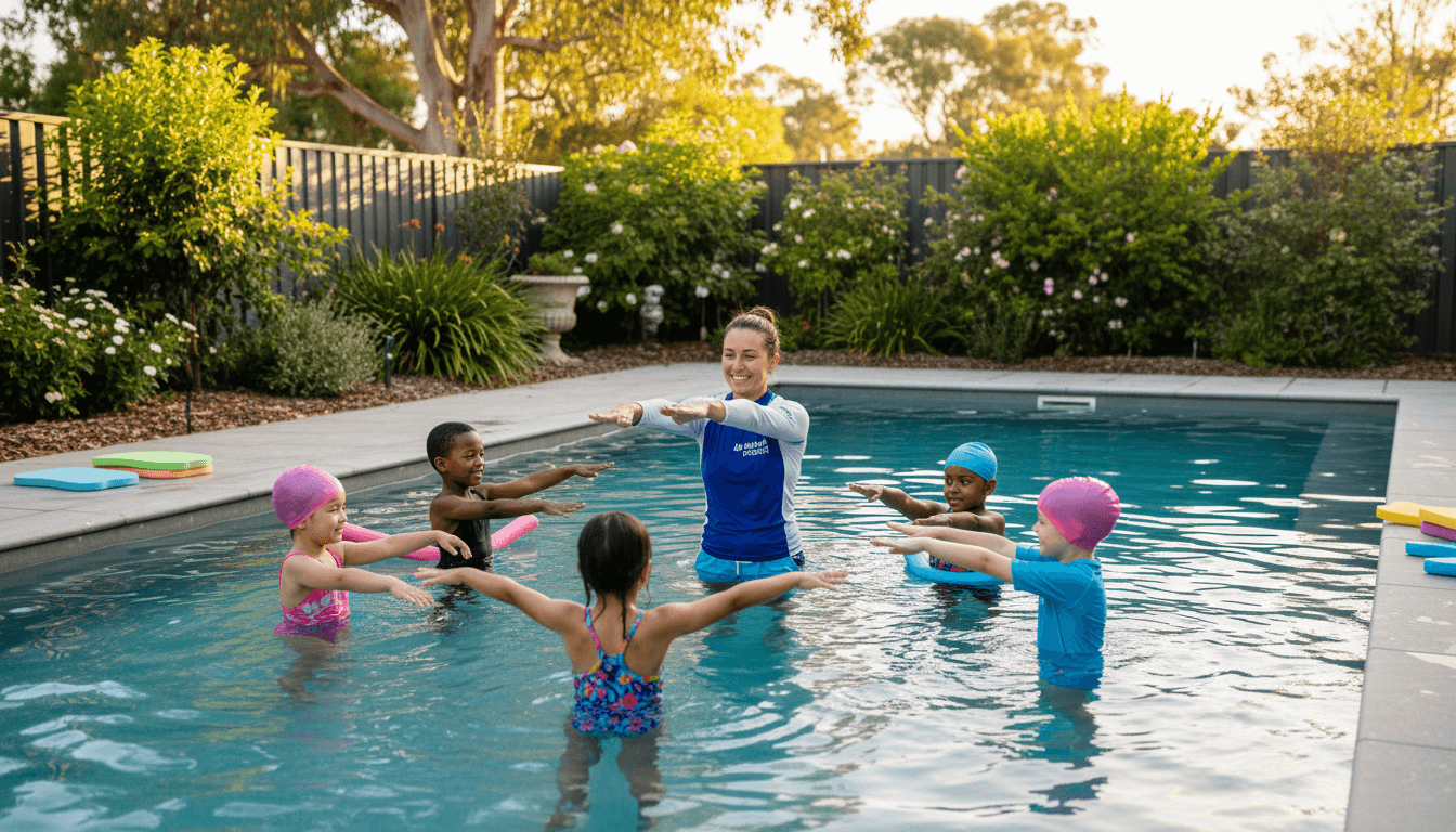 Swim instructor teaching diverse children arm movements in a sunny backyard pool.