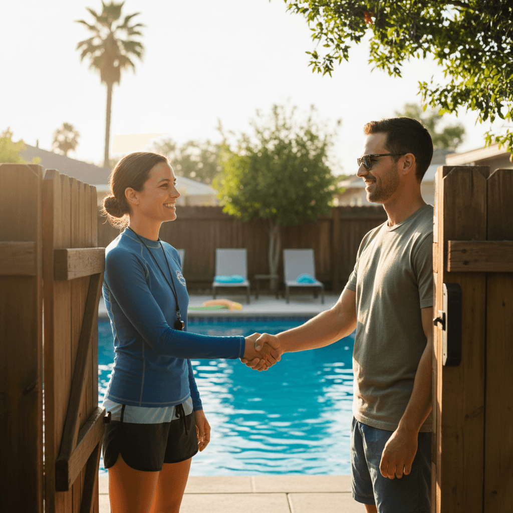 Swim instructor greeting a parent at a backyard pool gate