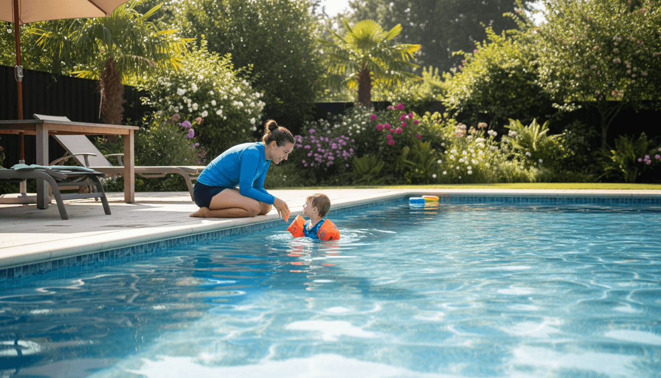 Swim instructor at the edge of a backyard pool talking with a young swimmer