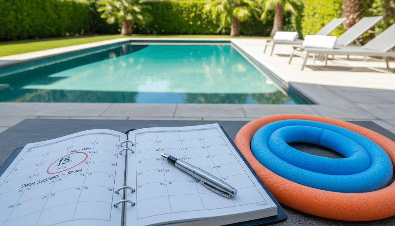Calendar and pen beside a pool noodle in a sunny backyard pool setting