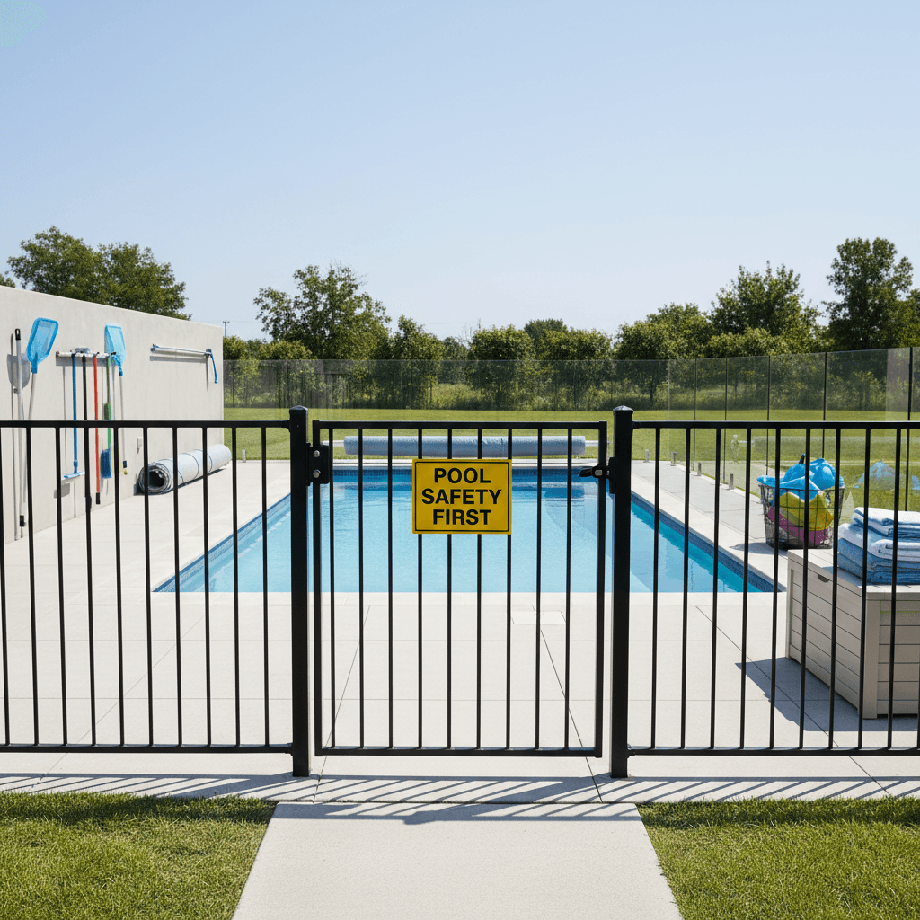 Secure backyard pool with childproof gate