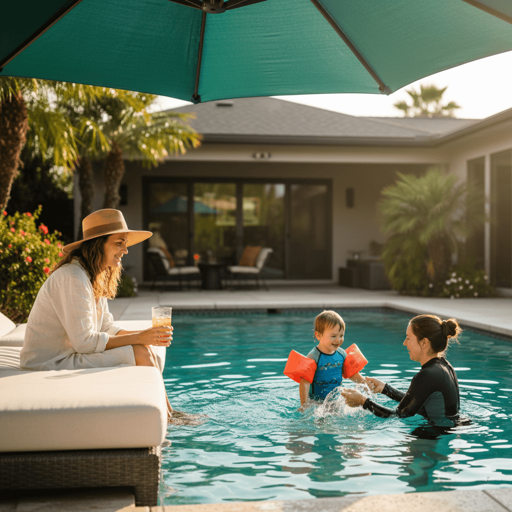 Parent watching swimming lesson from poolside