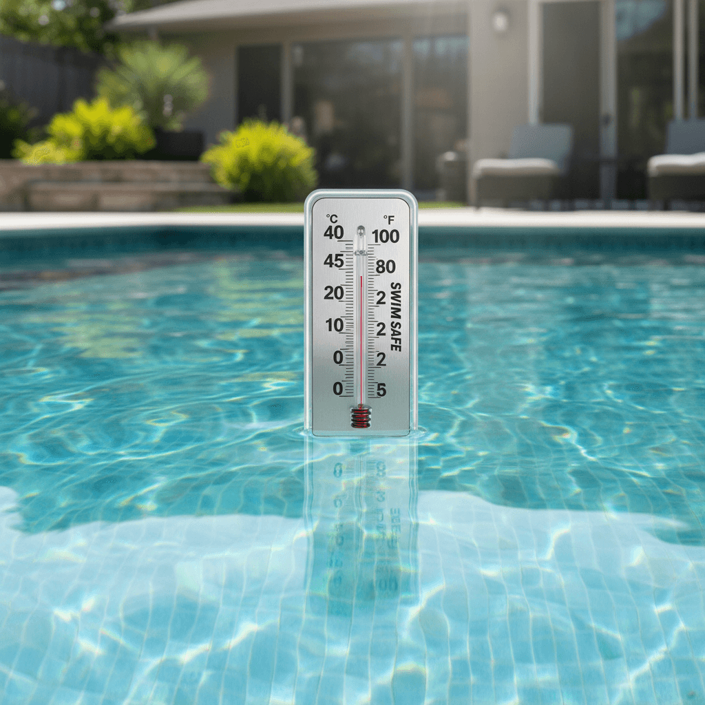 Pool thermometer floating in clear water, measuring temperature precisely
