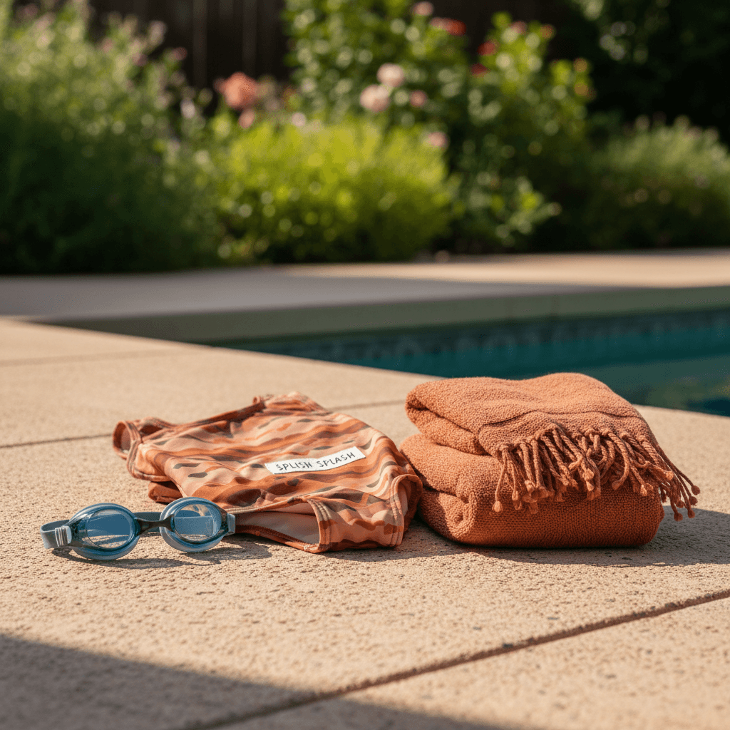 Swimsuit and goggles on pool deck