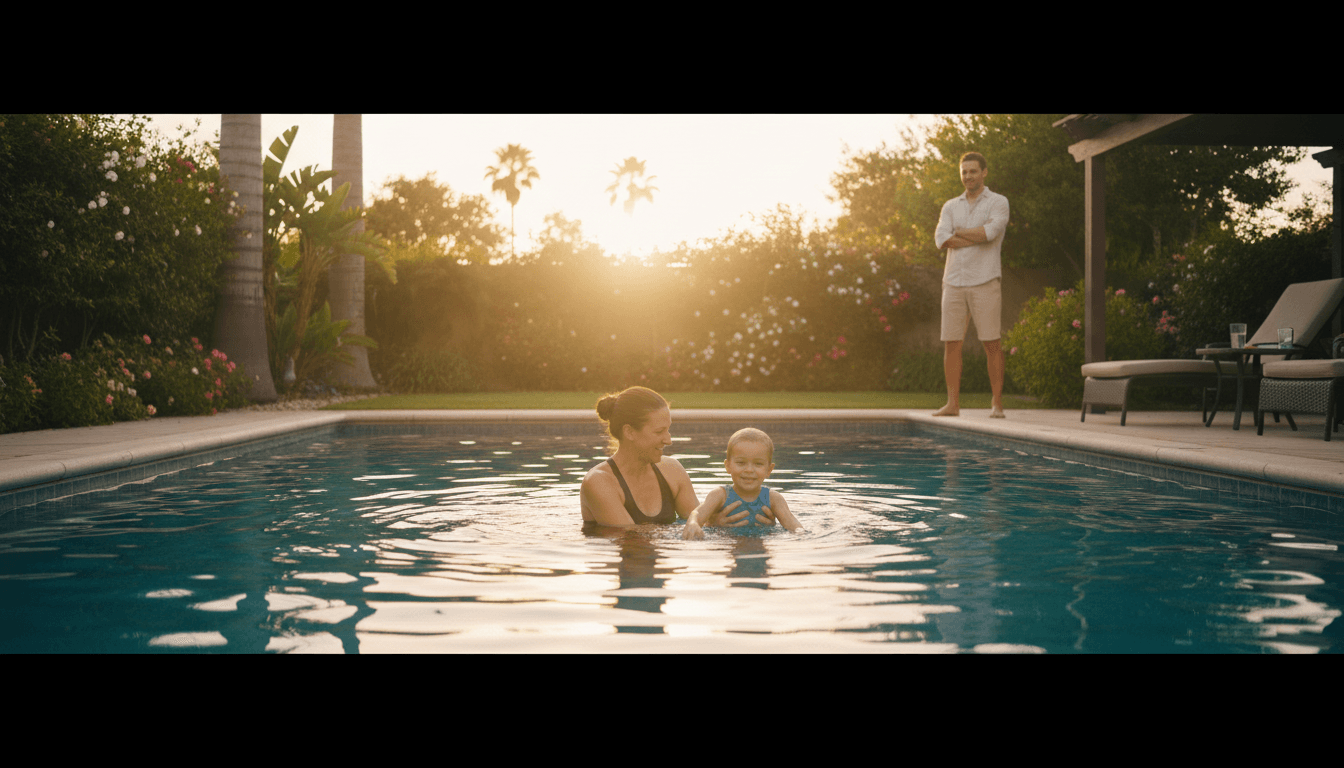 Swim coach guides child in backyard pool at sunset, parent watches nearby