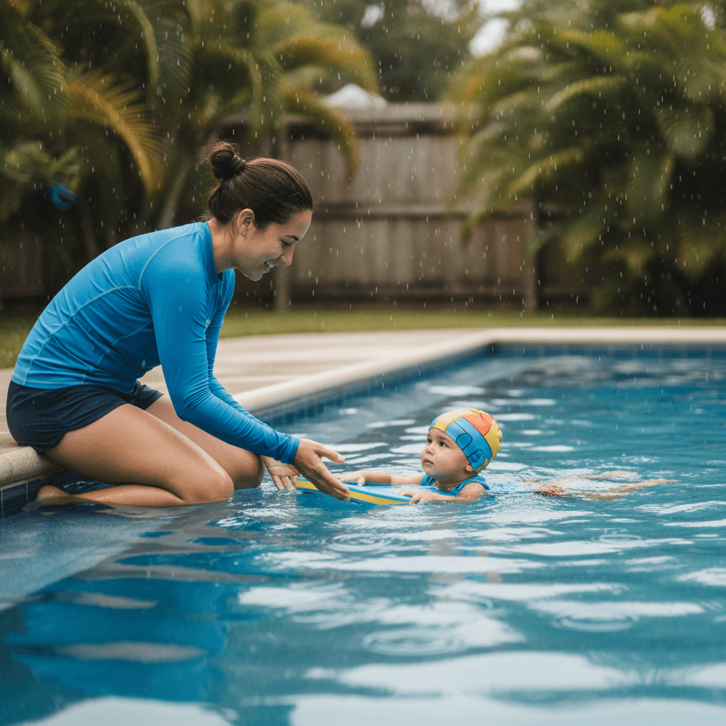 Swim instructor kneeling at pool edge during light rain