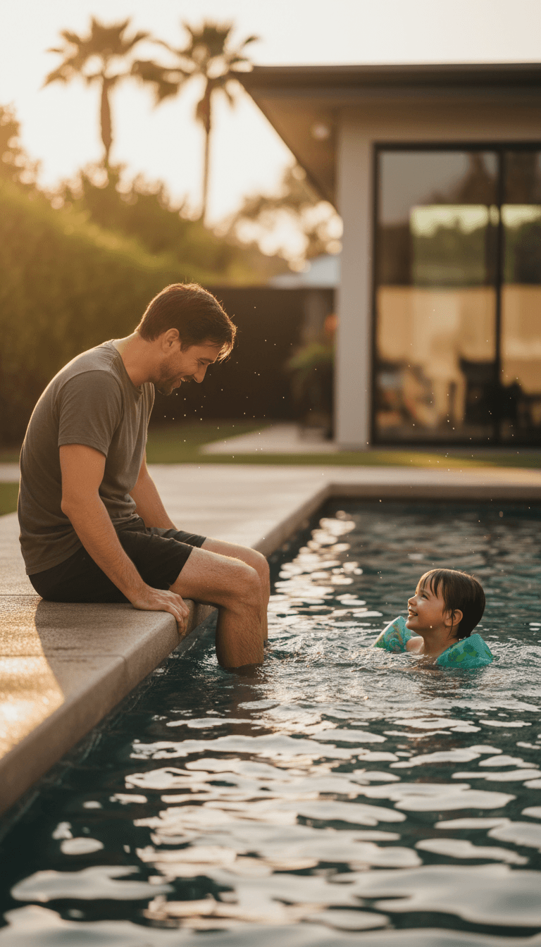 Parent watching a child during a private swim lesson in a backyard pool