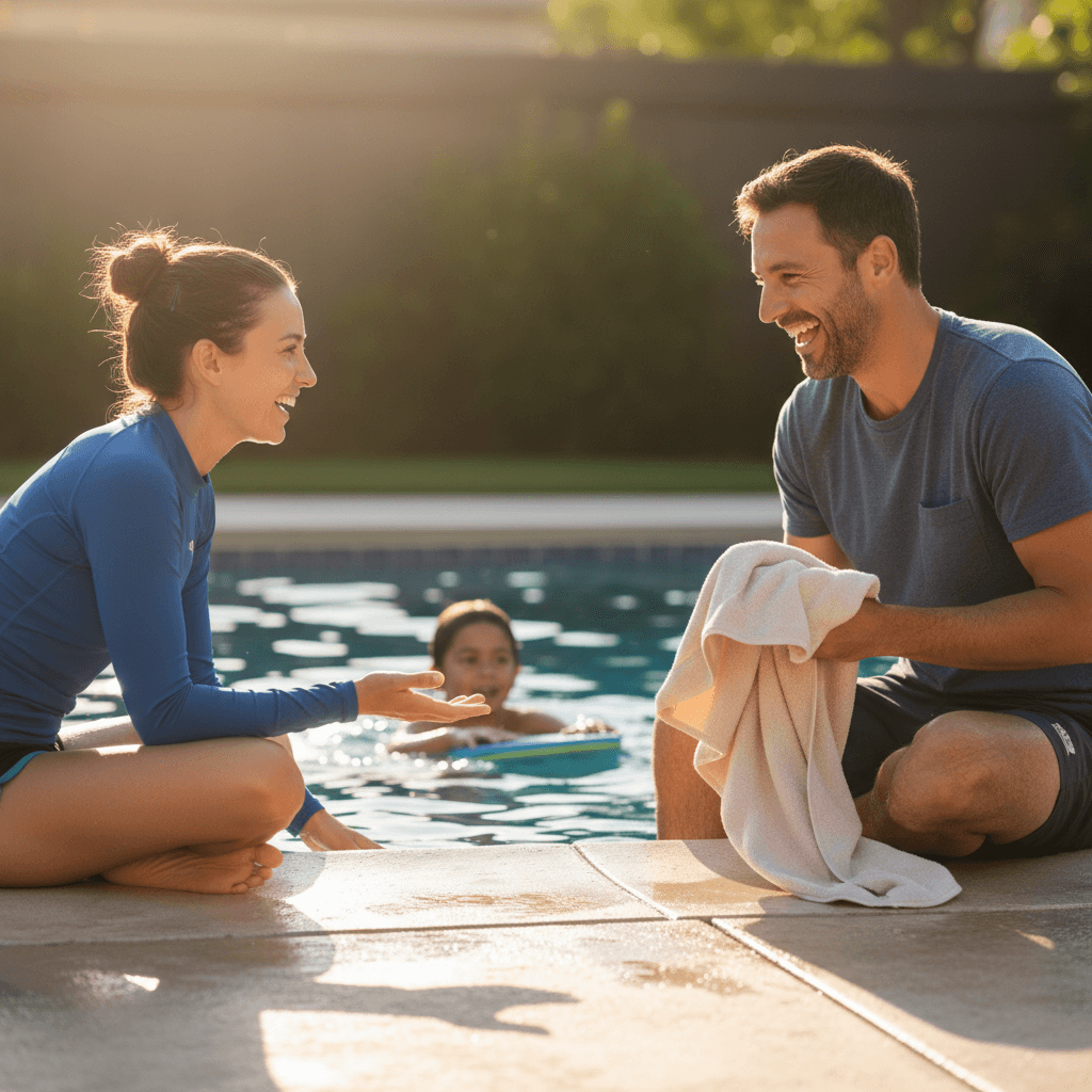 Swim instructor talking with a parent beside a backyard pool
