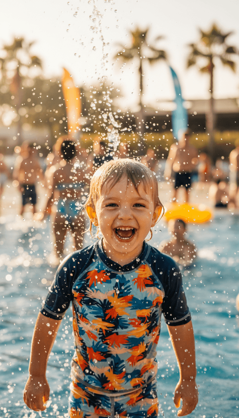 Child splashing happily in a backyard swimming pool with a parent watching from the edge