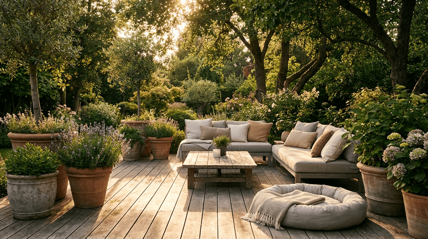 Wide golden-hour backyard: timber deck, lush lawn, string lights over a picnic table, cast-iron grill smoking at the edge of a cedar fence, hydrangeas and hydrangea beds, warm documentary photograph