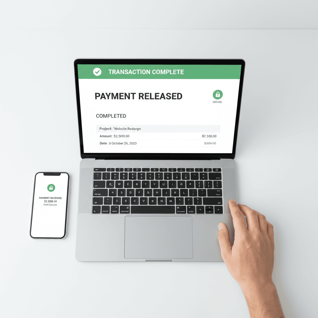 Laptop screen displaying completed transaction confirmation and secure payment release in escrow system interface