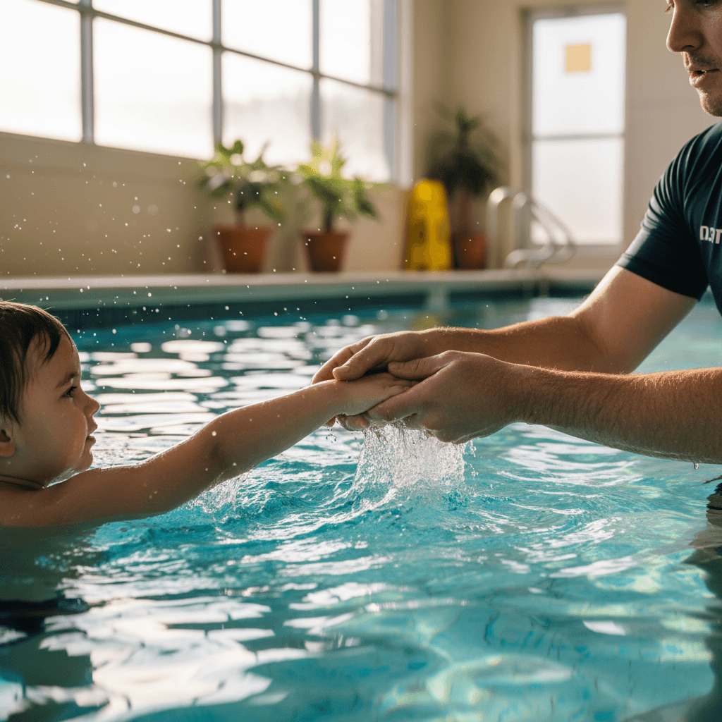 Child learning to swim in a backyard pool