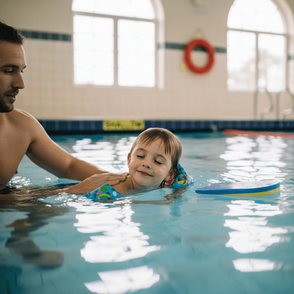 Swim instructor patiently guiding a young child in the water