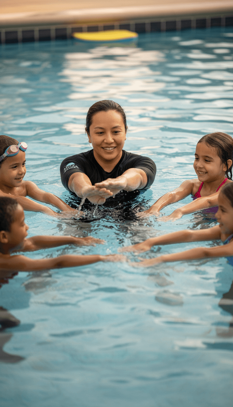 Swim instructor chatting with a parent beside a backyard pool